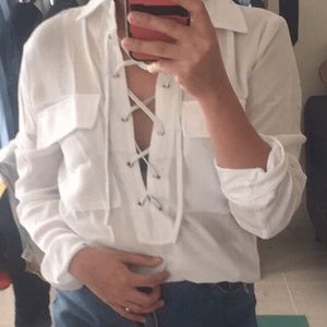 white Lace Up Pockets Blouse  sz small